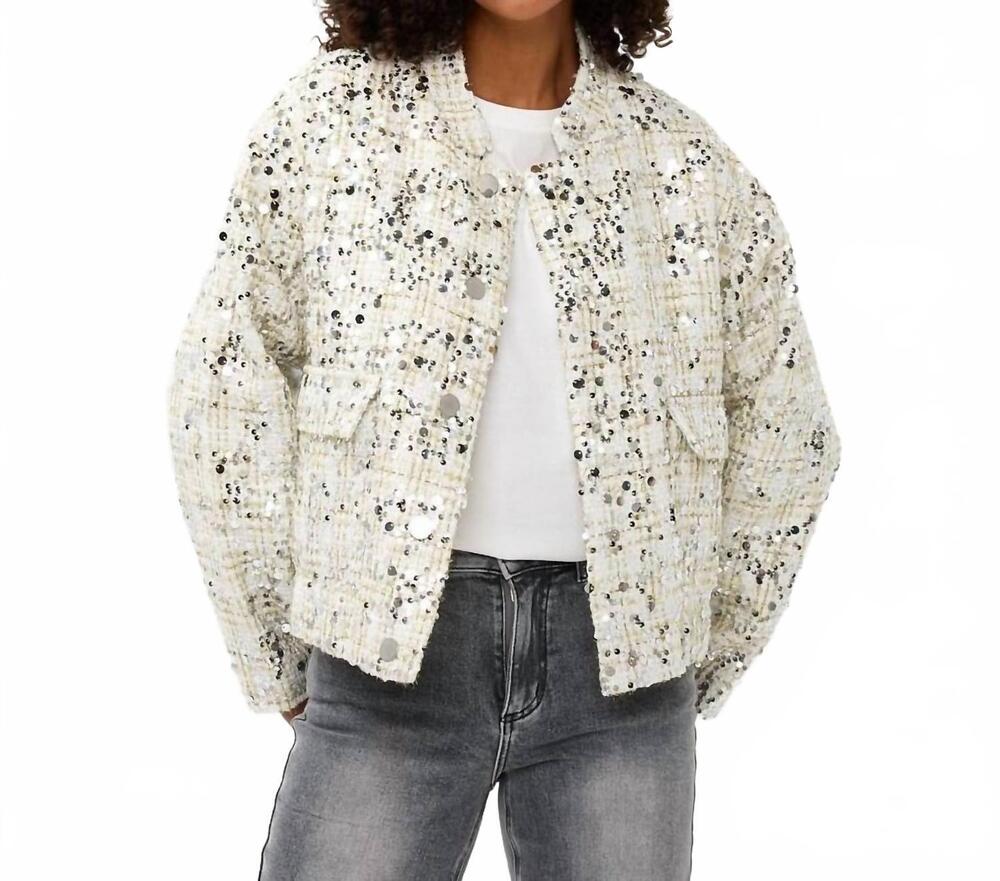NEW ESQUALO sonja sequin bomber jacket in off-white and silver